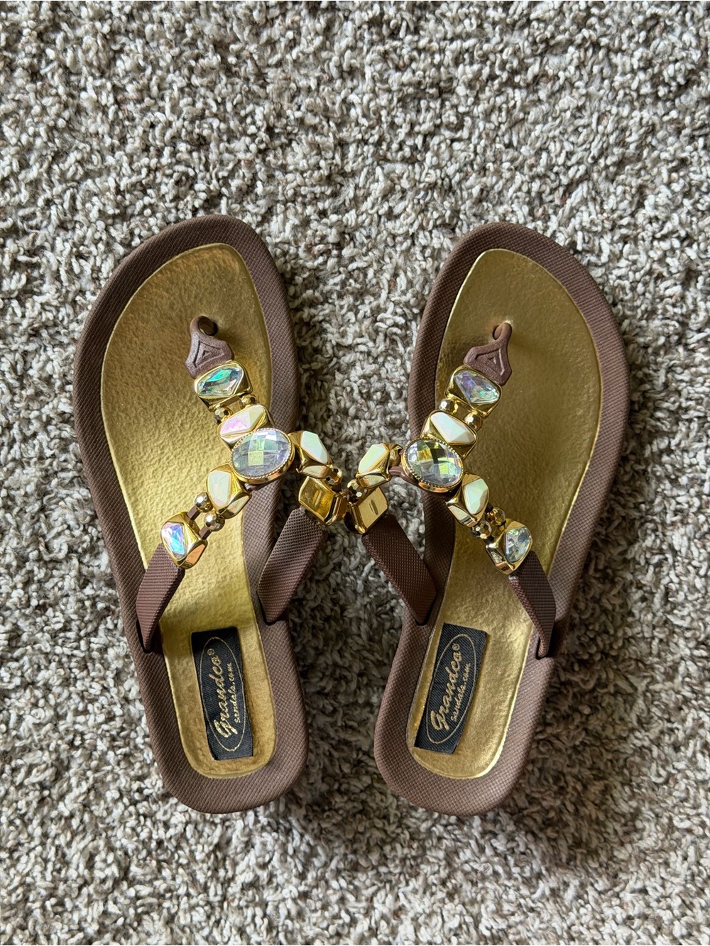 Women's Brown Strappy Sandals with Gold Footbed and Jewel Accents